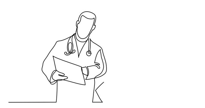 Self drawing animation of continuous line drawing of doctors talking