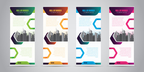 Business Roll Up Banner with 4 Various Color. Standee Design. Banner Template. Vector Illustration	