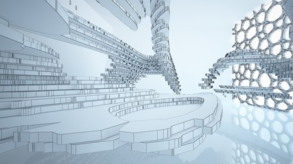 Abstract drawing white parametric interior. Polygon black drawing. 3D illustration and rendering.