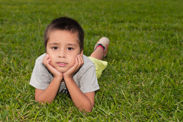 The boy lies on a green grass, propping up a face hands