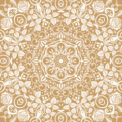 Seamless floral pattern motif coloring a mandala drawn with a pen. gold, yellow and white. Ethnic, fabric, motifs. Vector, abstract mandala flower. Decorative elements for design. EPS 10.