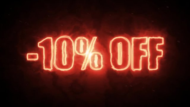 10 percent off burning text symbol in hot fire on black background