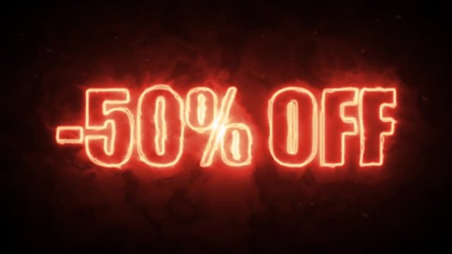 50 percent off burning text symbol in hot fire on black background