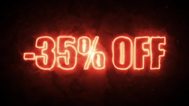 35 percent off burning text symbol in hot fire on black background