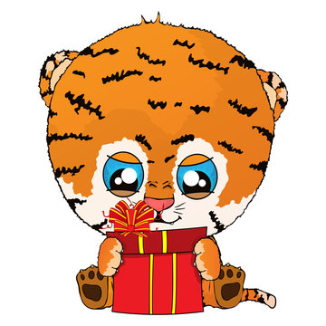 Isolated vector illustration a funny cartoon tiger cub with gift.