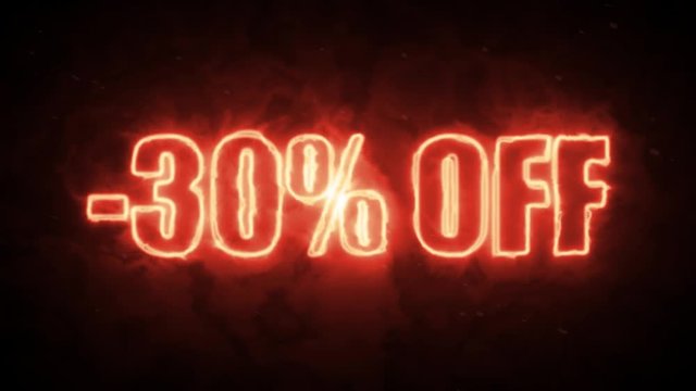 30 percent off burning text symbol in hot fire on black background