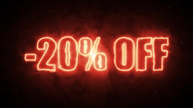 20 percent off burning text symbol in hot fire on black background