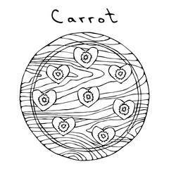 Fresh Orange Carrots on a Cutting Wooden Board and Heart Shape Slices. Ripe Vegetables. Vegetarian Cuisine. Salad Ingredient. Realistic Hand Drawn Illustration. Savoyar Doodle Style.