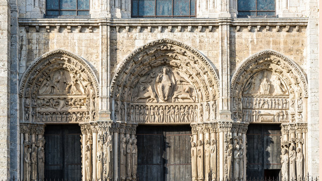 Chartres, France - May 21, 2017: West Royal portal of Cathedral of Our Lady of Chartres