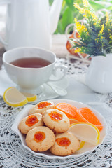 Homemade cookies with apricot jam, selective focus