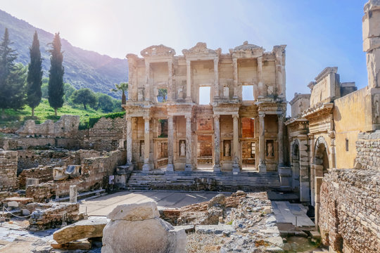 Celsus Library in Ephesus, Turkey on sunshine day