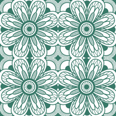 Seamless floral motif pattern coloring mandala, lace, hand drawn. green, marsh and white. Ethnic, fabric, motifs. Vector, abstract mandala flower. Decorative elements for design. EPS 10.