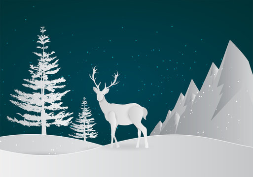 Deer silhouette standing on a hill.Night full moon on the background. Animal silhouette. paper art style. Happy New Year and Merry Christmas