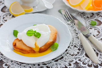 Cut egg-poached on a toast on a white plate, horizontal