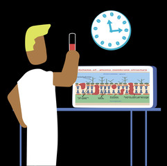  blond doctor medicine man in a bathrobe observes a blood test in a test tube in a laboratory. Vector illustration