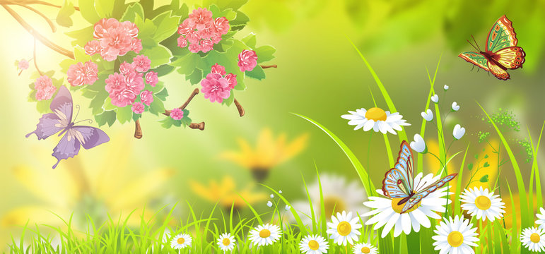 colorful green background with flowers and butterflies
