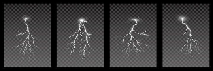 Naklejka premium Set of lightnings. Thunder-storm and lightnings. Magic and bright lighting effects. Vector Illustration