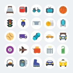 Modern Simple Set of transports, hotel, sports Vector flat Icons. Contains such Icons as  shoe,  pillow,  room, sport, luggage, bed and more on white cricle background. Fully Editable. Pixel Perfect.