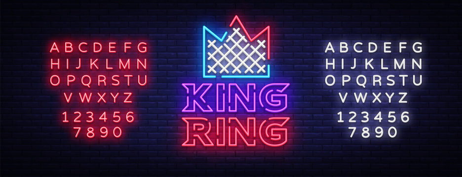 Fight Club neon sign. King RING logo in neon style. Design template, sports logo. Night fighting, martial arts, MMA. Light banner, bright night neon advertisement. Vector. Editing text neon sign