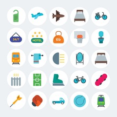 Modern Simple Set of transports, hotel, sports Vector flat Icons. Contains such Icons as  bike,  glove,  ball,  do,  comfortable and more on white cricle background. Fully Editable. Pixel Perfect.