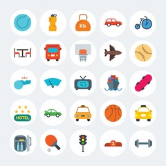Modern Simple Set of transports, hotel, sports Vector flat Icons. Contains such Icons as  windshield,  kilogram,  background,  room and more on white cricle background. Fully Editable. Pixel Perfect.