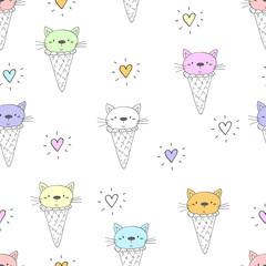 Hand drawn seamless pattern with cute cat, doodle illustration for kids vector print