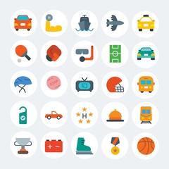 Obraz premium Modern Simple Set of transports, hotel, sports Vector flat Icons. Contains such Icons as winter, ball, underground, vehicle, car and more on white cricle background. Fully Editable. Pixel Perfect.