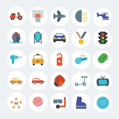 Modern Simple Set of transports, hotel, sports Vector flat Icons. Contains such Icons as  speed,  technology, sport, luxury,  basket and more on white cricle background. Fully Editable. Pixel Perfect.