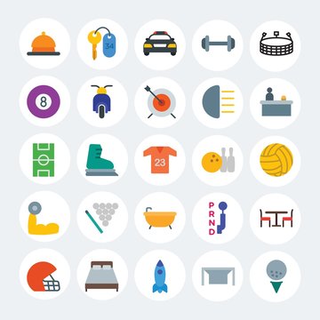 Modern Simple Set of transports, hotel, sports Vector flat Icons. Contains such Icons as  ball,  salad, winter,  interior, change and more on white cricle background. Fully Editable. Pixel Perfect.