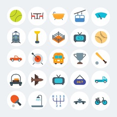 Modern Simple Set of transports, hotel, sports Vector flat Icons. Contains such Icons as  game, truck,  delivery,  hygiene, air,  24 and more on white cricle background. Fully Editable. Pixel Perfect.