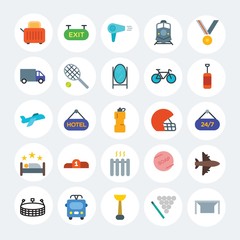 Modern Simple Set of transports, hotel, sports Vector flat Icons. Contains such Icons as sign,  blow,  people,  transportation,  bus and more on white cricle background. Fully Editable. Pixel Perfect.