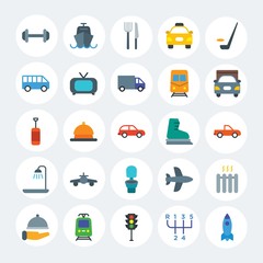 Modern Simple Set of transports, hotel, sports Vector flat Icons. Contains such Icons as  knife,  restaurant,  plane,  stick,  ocean and more on white cricle background. Fully Editable. Pixel Perfect.