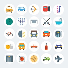 Modern Simple Set of transports, hotel, sports Vector flat Icons. Contains such Icons as  public,  bright,  dartboard, boxing,  team and more on white cricle background. Fully Editable. Pixel Perfect.