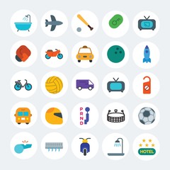Modern Simple Set of transports, hotel, sports Vector flat Icons. Contains such Icons as  modern,  sport,  luxury, hotel, ball, bath and more on white cricle background. Fully Editable. Pixel Perfect.