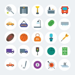 Modern Simple Set of transports, hotel, sports Vector flat Icons. Contains such Icons as tennis,  bowling,  background, game,  green and more on white cricle background. Fully Editable. Pixel Perfect.