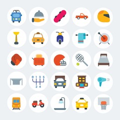Modern Simple Set of transports, hotel, sports Vector flat Icons. Contains such Icons as  food,  vehicle,  game,  kitchen,  water and more on white cricle background. Fully Editable. Pixel Perfect.