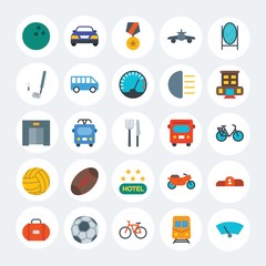 Modern Simple Set of transports, hotel, sports Vector flat Icons. Contains such Icons as  bicycle,  isolated,  football,  glass and more on white cricle background. Fully Editable. Pixel Perfect.