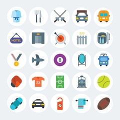 Modern Simple Set of transports, hotel, sports Vector flat Icons. Contains such Icons as blade,  style,  ragby,  room,  aircraft and more on white cricle background. Fully Editable. Pixel Perfect.