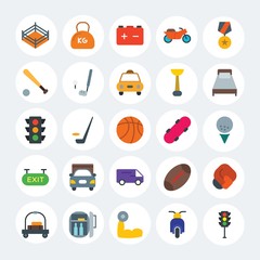 Modern Simple Set of transports, hotel, sports Vector flat Icons. Contains such Icons as  design,  stop, motorbike, bodybuilder, car and more on white cricle background. Fully Editable. Pixel Perfect.