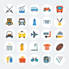 Modern Simple Set of transports, hotel, sports Vector flat Icons. Contains such Icons as bicycle, hotel,  pool,  white,  bus,  style and more on white cricle background. Fully Editable. Pixel Perfect.