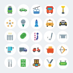 Modern Simple Set of transports, hotel, sports Vector flat Icons. Contains such Icons as  feather,  urban,  dinner,  race,  night and more on white cricle background. Fully Editable. Pixel Perfect.