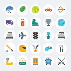 Modern Simple Set of transports, hotel, sports Vector flat Icons. Contains such Icons as tennis, key,  unlock,  sword, air,  plane and more on white cricle background. Fully Editable. Pixel Perfect.