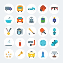 Modern Simple Set of transports, hotel, sports Vector flat Icons. Contains such Icons as taxi,  freight, boxing,  delivery,  sign and more on white cricle background. Fully Editable. Pixel Perfect.