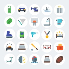 Modern Simple Set of transports, hotel, sports Vector flat Icons. Contains such Icons as  bedroom,  breakfast, bed, scooter,  bread and more on white cricle background. Fully Editable. Pixel Perfect.
