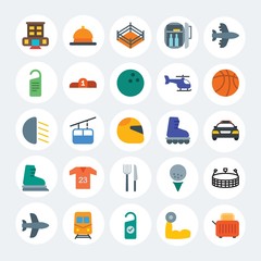 Modern Simple Set of transports, hotel, sports Vector flat Icons. Contains such Icons as  urban,  fitness,  bread,  circle, subway and more on white cricle background. Fully Editable. Pixel Perfect.