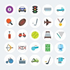 Modern Simple Set of transports, hotel, sports Vector flat Icons. Contains such Icons as bathrobe, traffic, circus,  transport,  car and more on white cricle background. Fully Editable. Pixel Perfect.