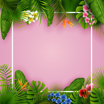 Tropical leaves and flowers with empty frame square on pink background