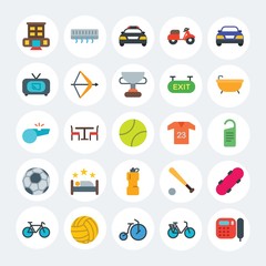 Modern Simple Set of transports, hotel, sports Vector flat Icons. Contains such Icons as table,  blue, conditioner,  emergency, ball and more on white cricle background. Fully Editable. Pixel Perfect.