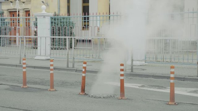 Steam From A Broken Sewer Utility Line At Winter City