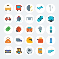 Modern Simple Set of transports, hotel, sports Vector flat Icons. Contains such Icons as  fight,  travel,  cab,  plane,  football and more on white cricle background. Fully Editable. Pixel Perfect.